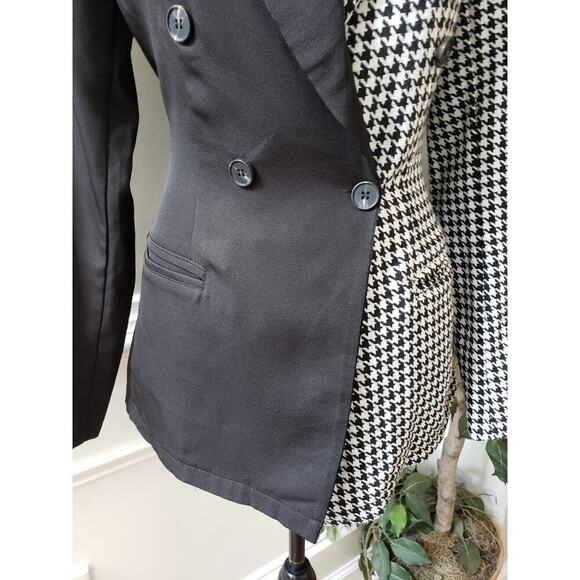 SHEIN Blazer Jacket Women Small Black White Houndstooth Double Breasted 4 Button - Picture 10 of 13